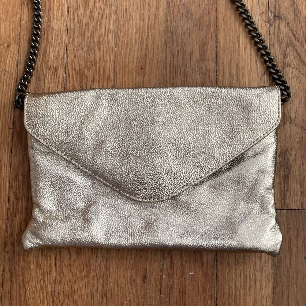 J. Crew Gold Leather Envelope Purse Clutch Chain Strap Metallic Evening Cocktail - Picture 2 of 10